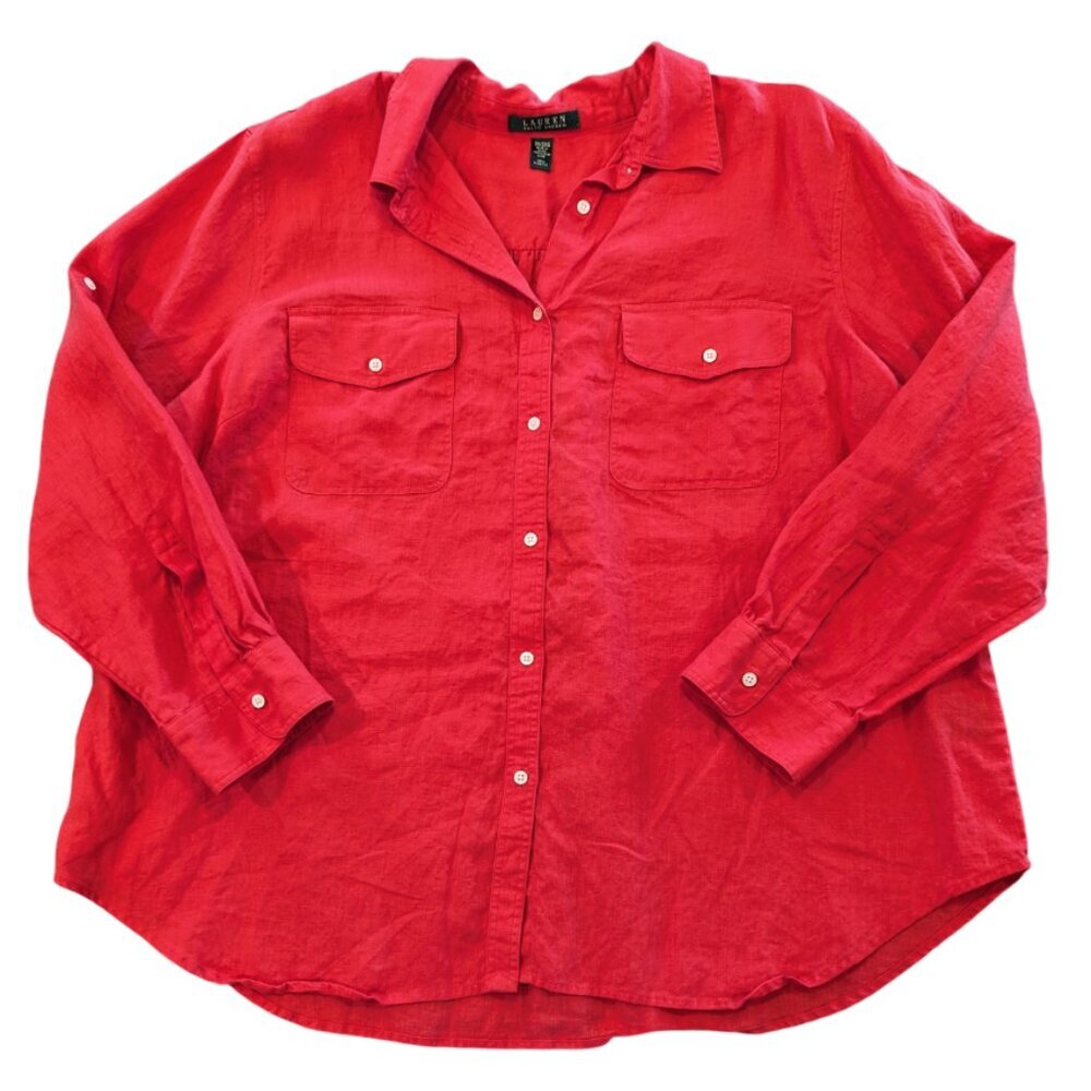 LAUREN RALPH LAUREN 100% Linen Shirt 3X Button Down "Hot Coral" Pink/Orange/Red